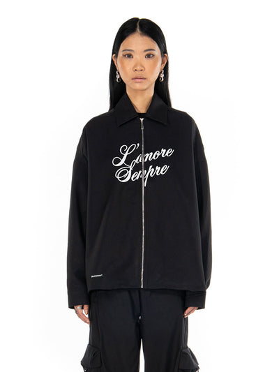 Giacca leggera con zip nera L’amore sempre, indossata, vista davanti, color_black