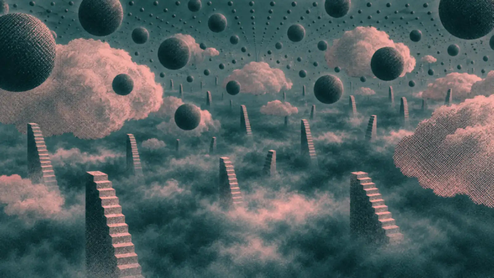 Decine di scale rosa escono da una nebbia verde petrolio e si fermano a mezz'aria, sotto un cielo pieno di sfere scure e nuvole rosa, tutto a punti di retino.