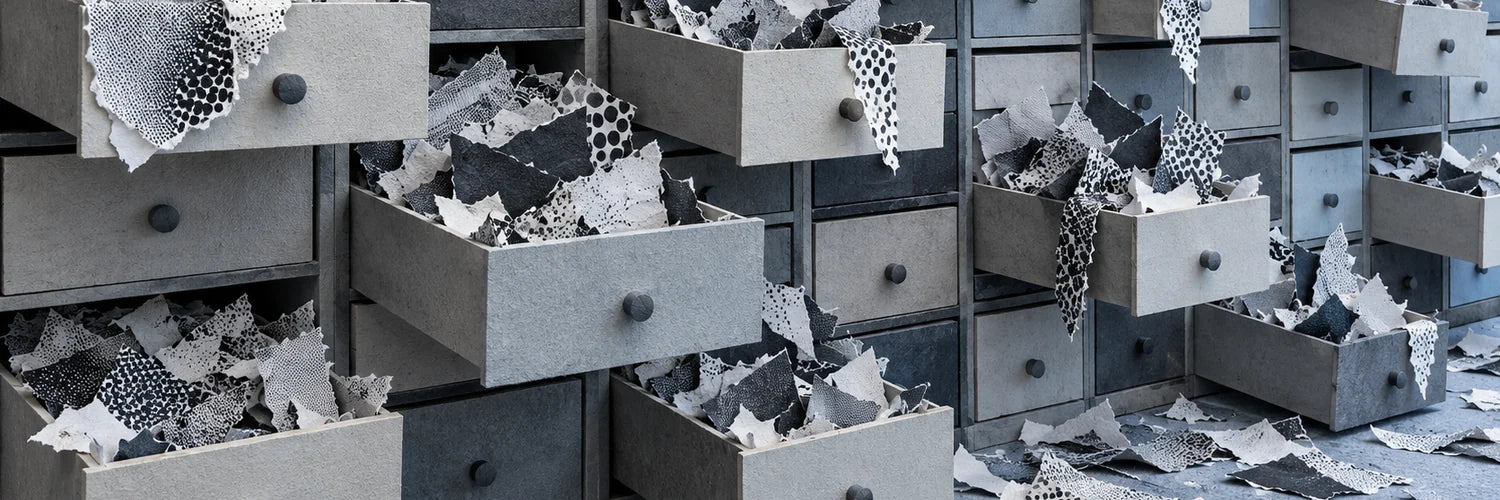 Open paper drawers, full of cuttings printed in black and white halftone.