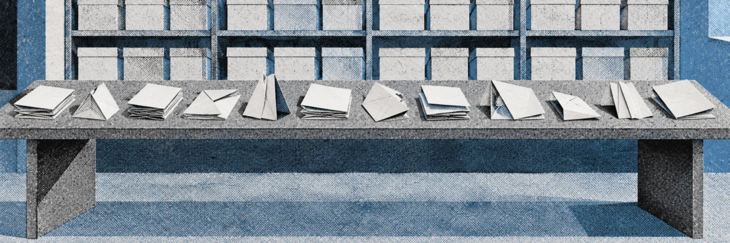 Il lungo bancone di un archivio di carta con fogli piegati appena arrivati, scaffali di scatole bianche dietro.