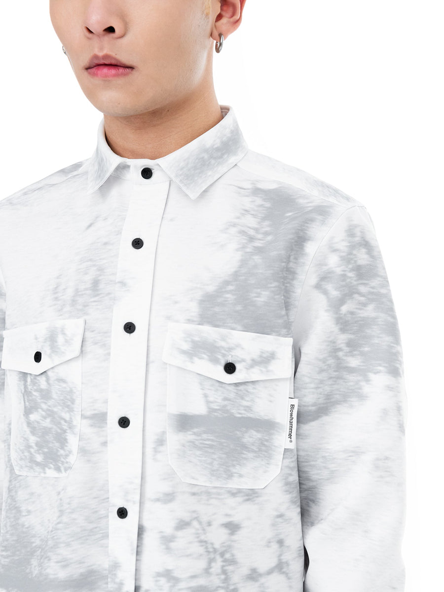 Grey Noise long sleeve shirt, worn, close-up