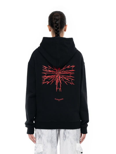 Sudadera con capucha negra Deconstructed, puesta, vista trasera con el estampado