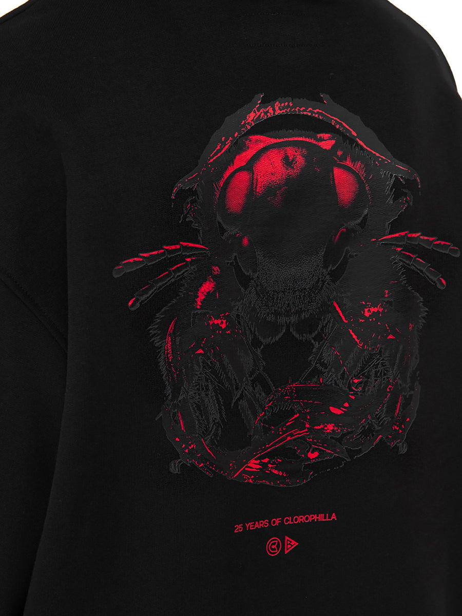 Felpa con cappuccio nera Insectide, dettaglio della stampa sul retro