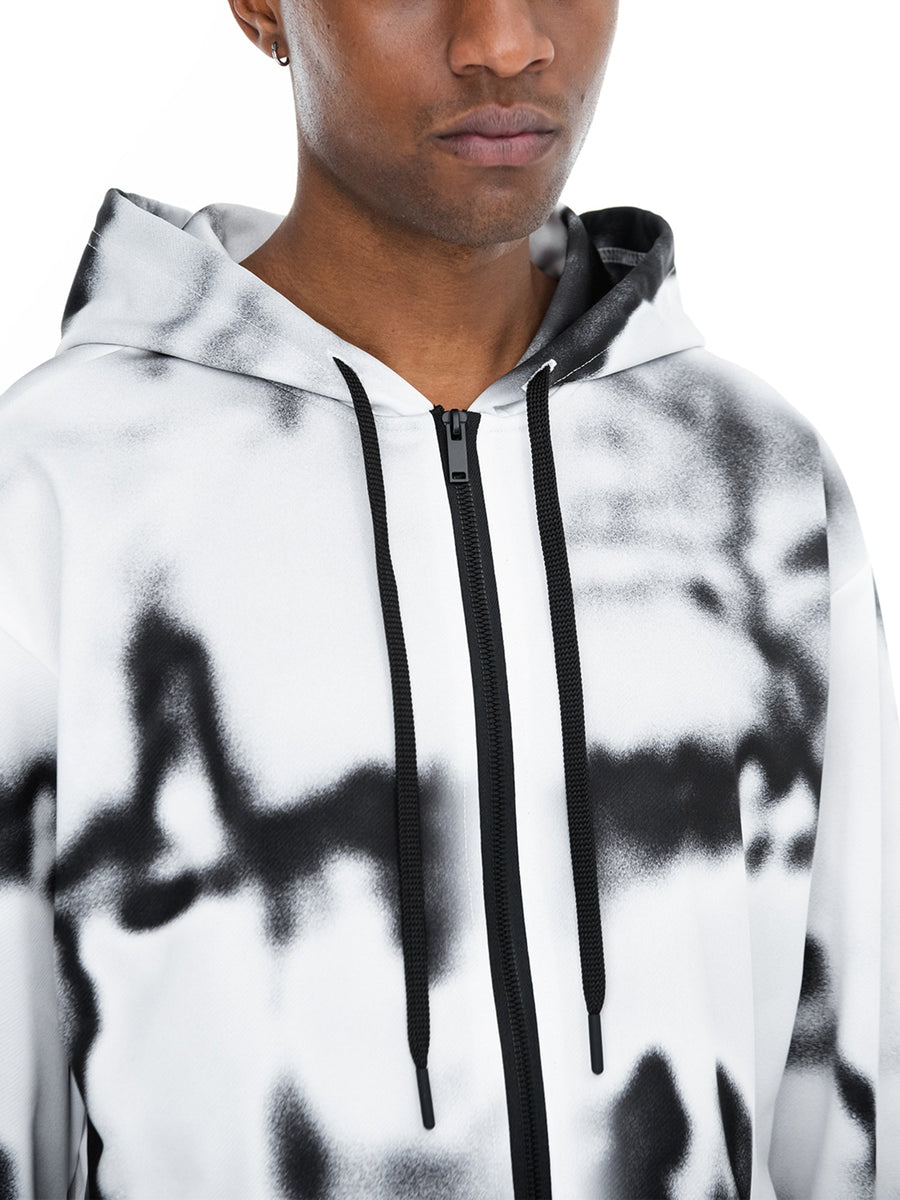 Weiß-schwarzer Zip-Hoodie Concept, getragen, Nahaufnahme