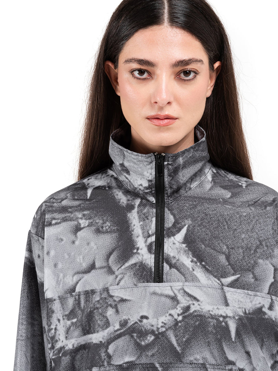 Grey Bloodrose Dark half-zip jacket, worn, close-up