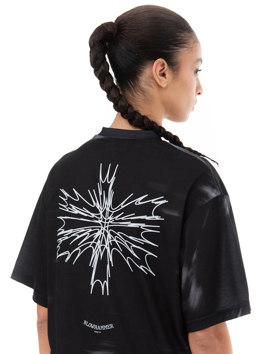 Schwarzes T-Shirt Leak, Detail des Rückenprints