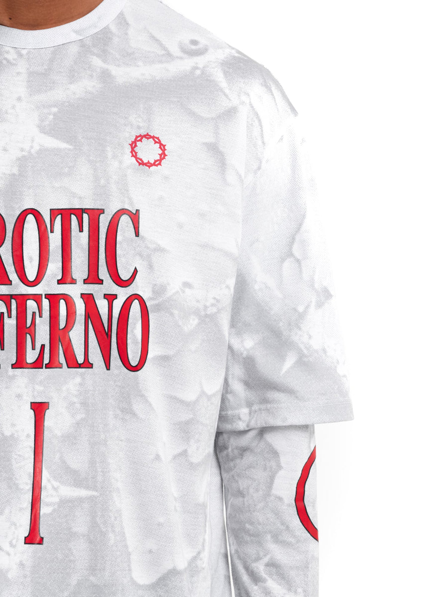 White Inferno 1 long sleeve T-shirt, worn, close-up