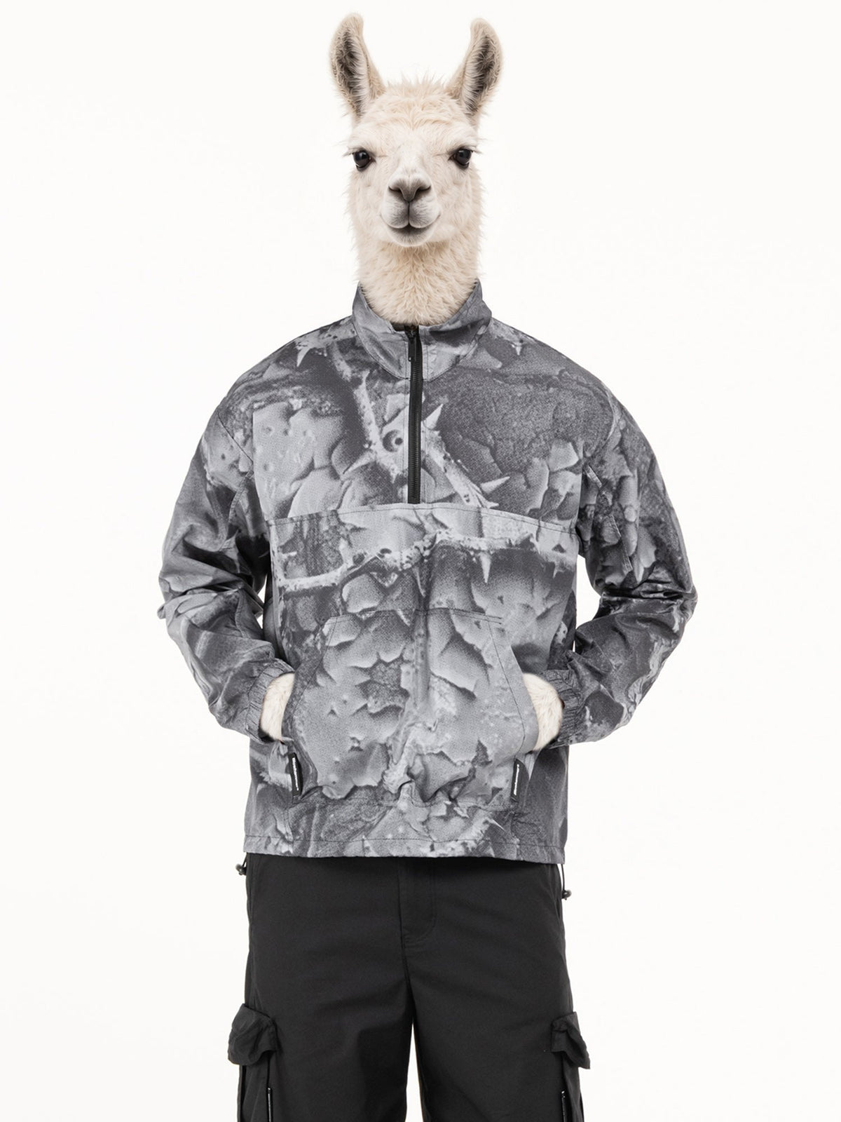 Invented character, llama, wearing Bloodrose Dark Half-Zip Jacket