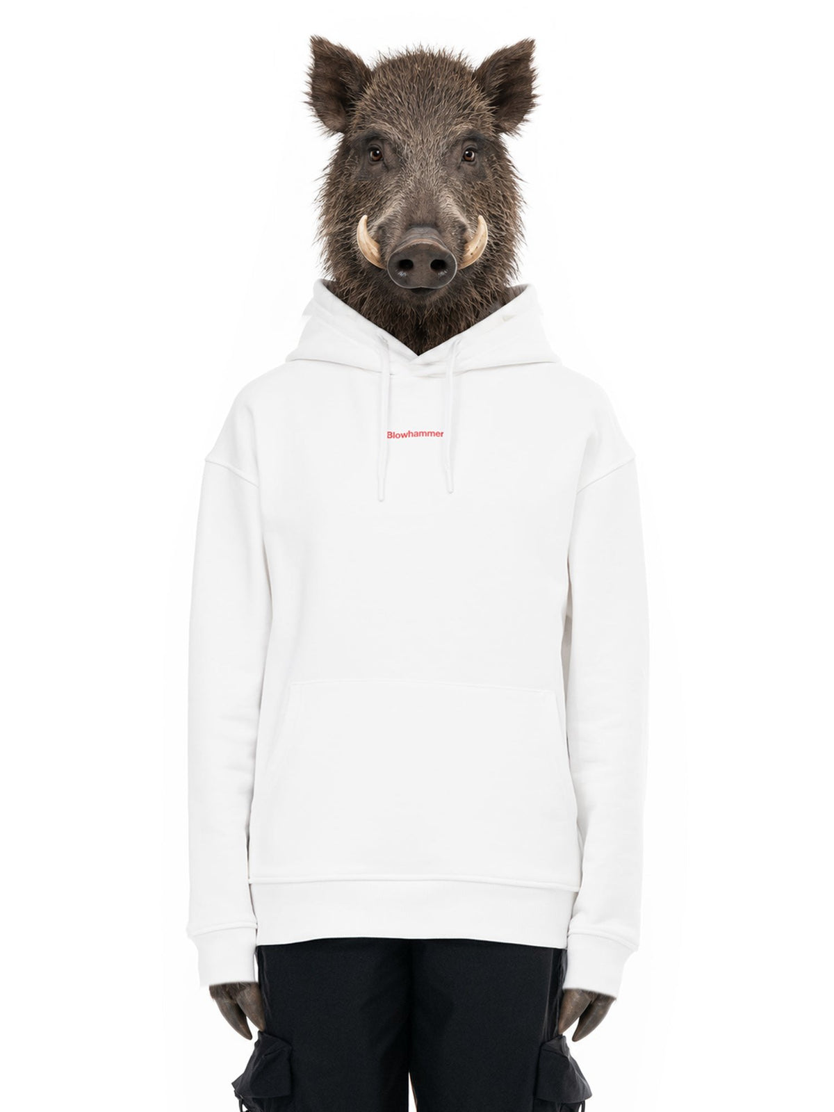 Invented character, wild boar, wearing No Inspiration Hoodie