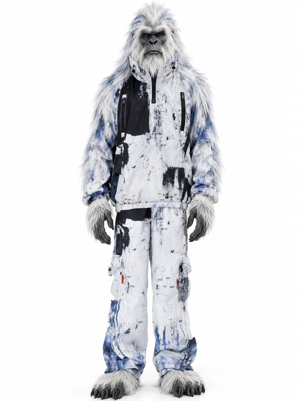 Invented character, white and blue-grey furred yeti, wearing Rugged Cargo