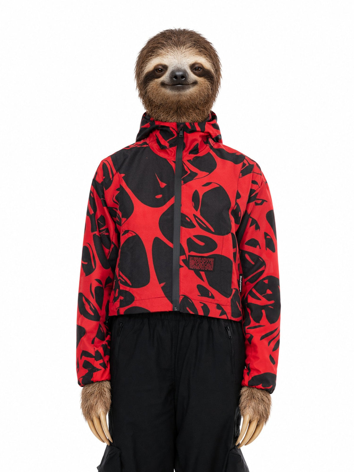 Invented character, sloth, wearing Strand Red Cropped Windbreaker