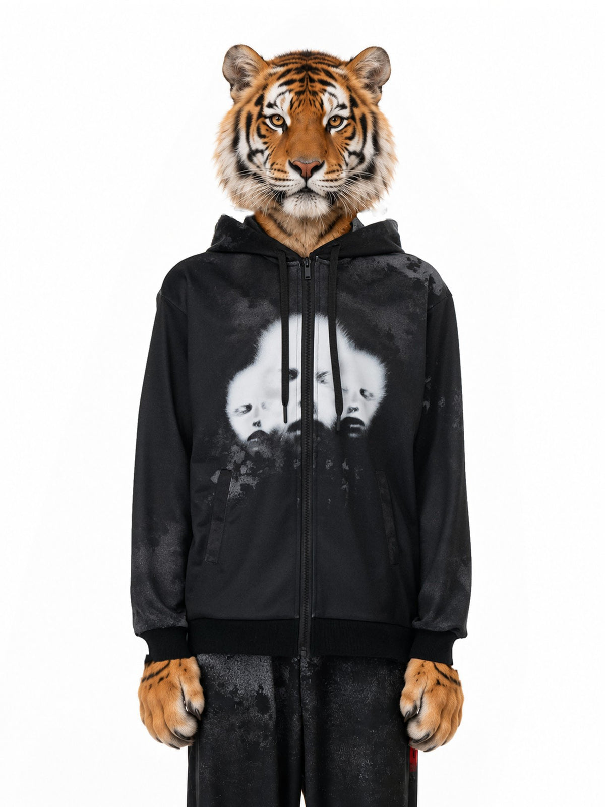 Invented character, tiger, wearing Triodrome Hoodie