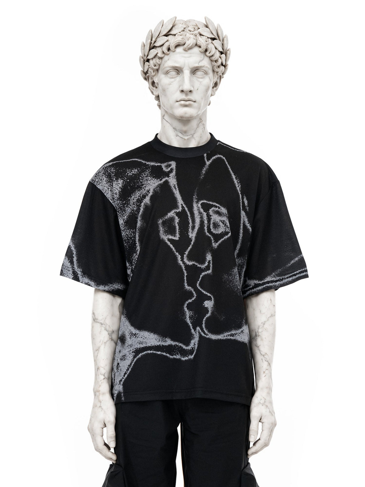 Invented character, living marble statue of a Roman emperor, wearing Unkiss Black T-Shirt