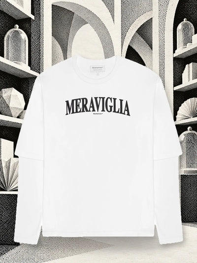 The white Meraviglia long sleeve t-shirt in a gallery of white and black paper arches and shelves, with glass domes made of paper.