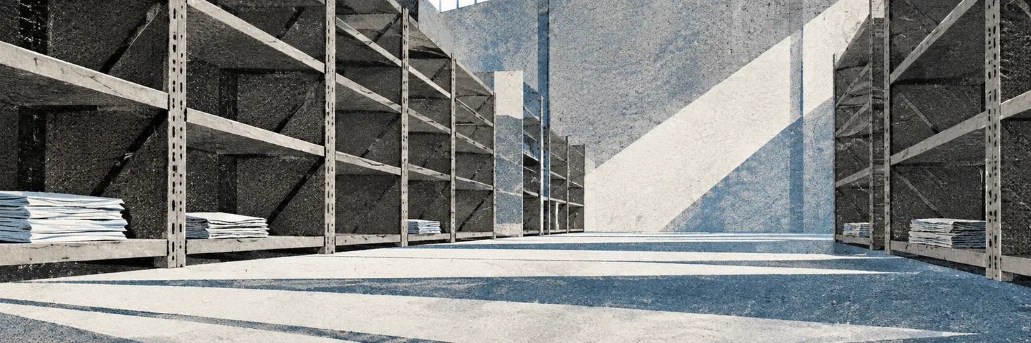 A paper warehouse with nearly empty shelves and cold light coming in from above.