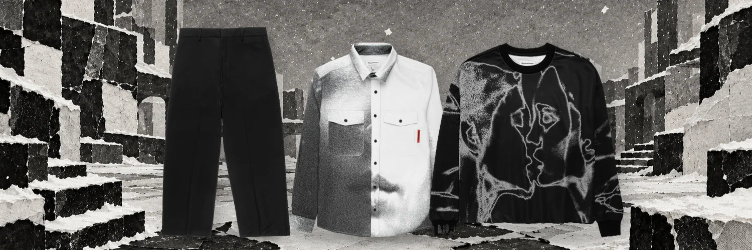 I pantaloni Classic, la camicia Mouth e la felpa Unkiss in fila in una città d'inverno di carta strappata.