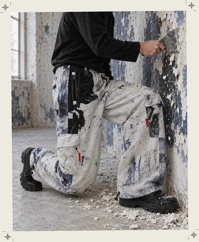 Una persona inventata, in ginocchio e tagliata alle spalle, gratta un muro di calce bianca indossando il Rugged Cargo, le scaglie cadono sul pavimento.